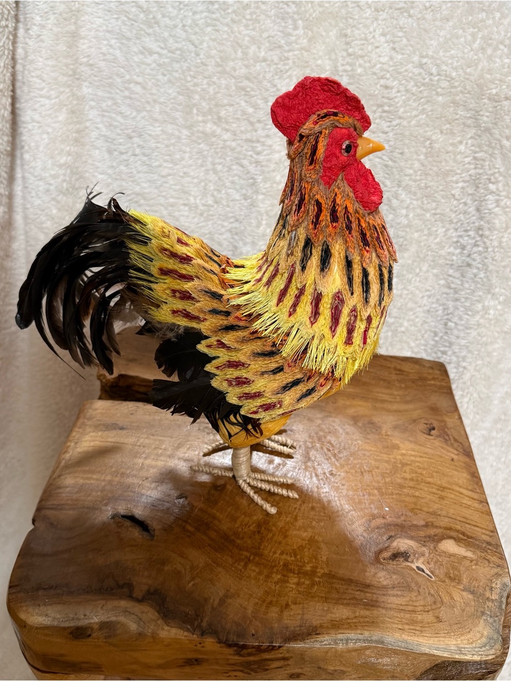 Vintage  ROOSTER 11.5”H X 9” L Real Feathers Styrofoam And Straw